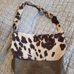 Faux Cow Print and Leather Messenger Bag